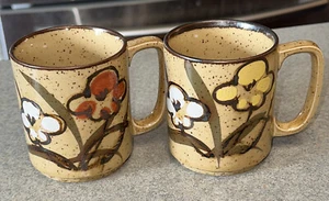 VTG 70s Otagiri Style Japan Speckled Stoneware Floral Coffee Cups Mug  Set Of 2 - Picture 1 of 9