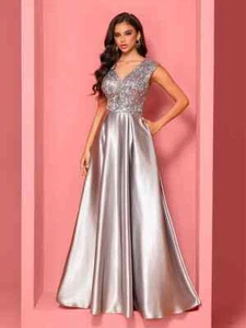 Vestido de noche de satén gris de lujo con cuello en V para mujer vestidos de satén para fiesta de graduación - Imagen 1 de 9