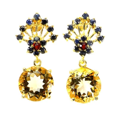 925 Orecchini Argento Sterling Rotondo Citrino 12mm Rubino Zaffiro Gemma Jewelry - Immagine 1 di 4