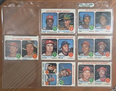 (7) 1973 Topps 1972 Leaders Pete Rose, Sparky Lyle, Rod Carew, Billy Williams Foto 1 de 2