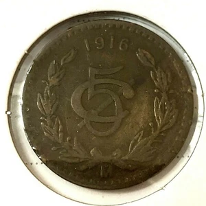 1916 🔥 Mexico 🌞 5 Centavos Bronze Coin ✨ F ✨KM 422 🦅 Wreath Monogram  - Picture 1 of 2
