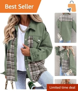 Versatile Women's Oversized Button-Down Jacket with Distressed Details - Green - Picture 1 of 6