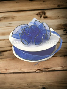 7/8" (ROYAL BLUE) Organza PULL RUFFLED BOW Ribbon GOLD Edge on one side 25 Yds - Picture 1 of 1