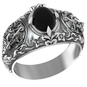 925 Sterling Silver Onyx Pentacle Pentagram Crescent Moon Ring Amulet Jewelry - Picture 1 of 8