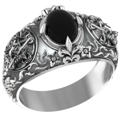 925 Sterling Silver Onyx Pentacle Pentagram Crescent Moon Ring Amulet Jewelry - Imagem 1 de 4