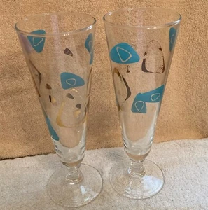 2 Vintage MCM Aqua Gold Atomic Boomerang Pilsner 8 1/4 pollici alto vetro federale - Foto 1 di 5