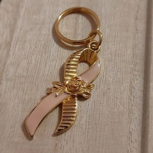 Vintage AVON Breast Cancer Awareness Pink Gold Ribbon Key Ring Keychain - Picture 1 of 4