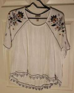 Knox Rose Womens Boho Shirt Top White w/Coral Pink Blue Embroidery Trim - Sz S - Picture 1 of 7