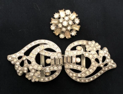 Art deco 3pc belt buckle with button silver and rhinestone beautiful - Image 1 of 2