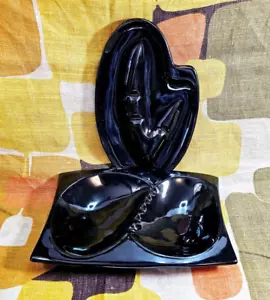 Mid Century set of TWO Black Glazed Pottery Ashtrays Vintage Groovy Decor MCM - Picture 1 of 15