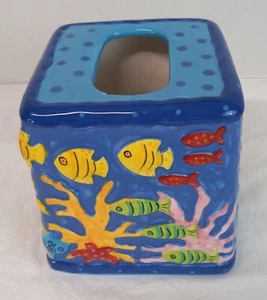 Caja de pañuelos de cerámica Cathie Maney cubierta peces tropicales vida marina arrecife de coral náutico - Imagen 1 de 11