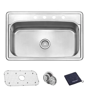 JASSFERRY Topmount Kitchen Sink 18Gauge Stainless Steel Drop-in 4Hole 33"x22"x8" - Picture 1 of 7