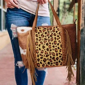 ¡Nuevo! BOLSO DE MANO ESTAMPADO DE LEOPARDO Y CUERO DE VACA con flecos asas de transporte monedero de gran tamaño - Imagen 1 de 2