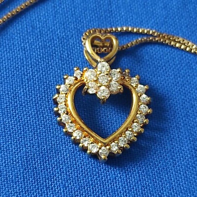 Sterling Silver Crystal CZ Heart Necklace 17" Signed Gold Vermeil  - Image 1 of 4