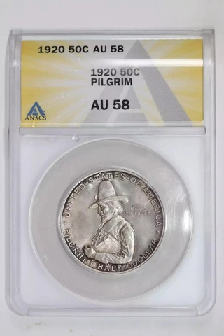 1920 PILGRIM SILVER COMMEMORATIVE HALF DOLLAR ANACS AU58 Cover