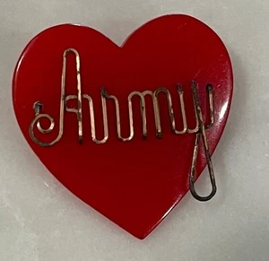 Bakelite Red US Army Heart Pin Brooch Brass Script Rare 1940s Patriotic - Picture 1 of 4