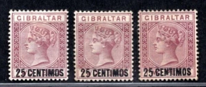 UK GIBRALTAR 1889 25C. ON 2D. S.G. #17AB, 17B SC. #24, 24A, 24B, ERRORS & NORMAL - Picture 1 of 2