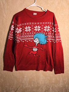 Dr. Seuss Thing Two  Christmas Sweater Men’s L Red Holiday Fair Isle Cartoon 148 - Picture 1 of 6