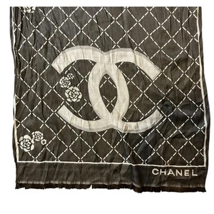 Chanel Cashmere Silk Scarf CC Logo Camila Flowers Black White 70x25 inches - Picture 1 of 17