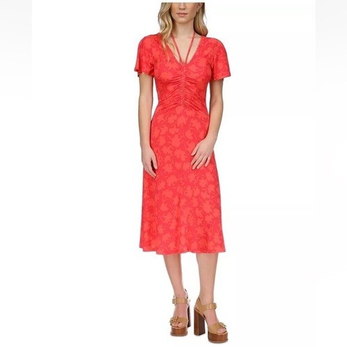 Abito midi Michael Kors nuovo con etichette manica svasata increspato rosa intenso rosso taglia XL
