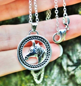 Horse Head Necklace Circle Rope Border Pendant Pony Lover Gift .925 Silver Chain - Picture 1 of 6