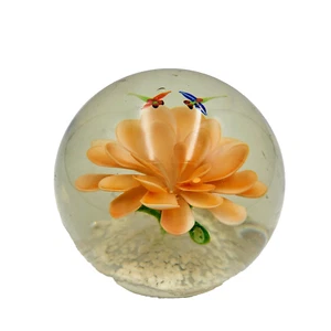 Dragonflies Paperweight Glass Orange Flower Vintage Dragonfly Unsigned Read - Picture 1 of 13