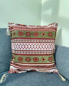 Kissenbezug Anatolischer Kelim - grün-weißes Chenille, 40 x 40 cm mit Quasten - Bild 1 von 9