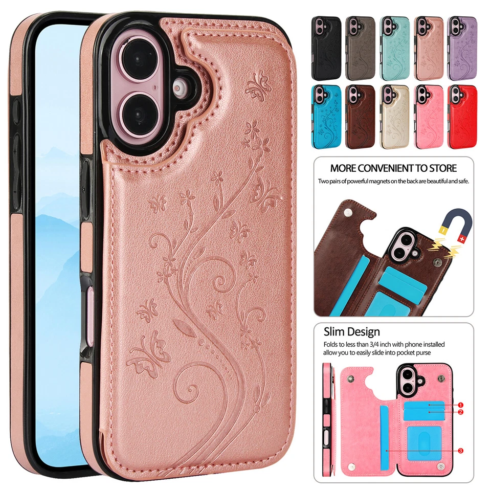 WOMEN Leather Card Wallet Phone Case For iPhone 16 15 Plus 14 13 Pro 12 11 - Image 1 of 4