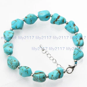 Fashion Natural 9-11mm Blue Turquoise Irregular Gemstone Beads Bracelet 7.5'' AA - Picture 1 of 7