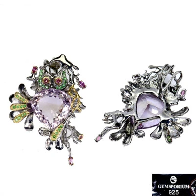 925 Pendente Argento Sterling Cuore Ametrino 19ct Tsavorite Gufo Gemma a Mano - Immagine 1 di 4