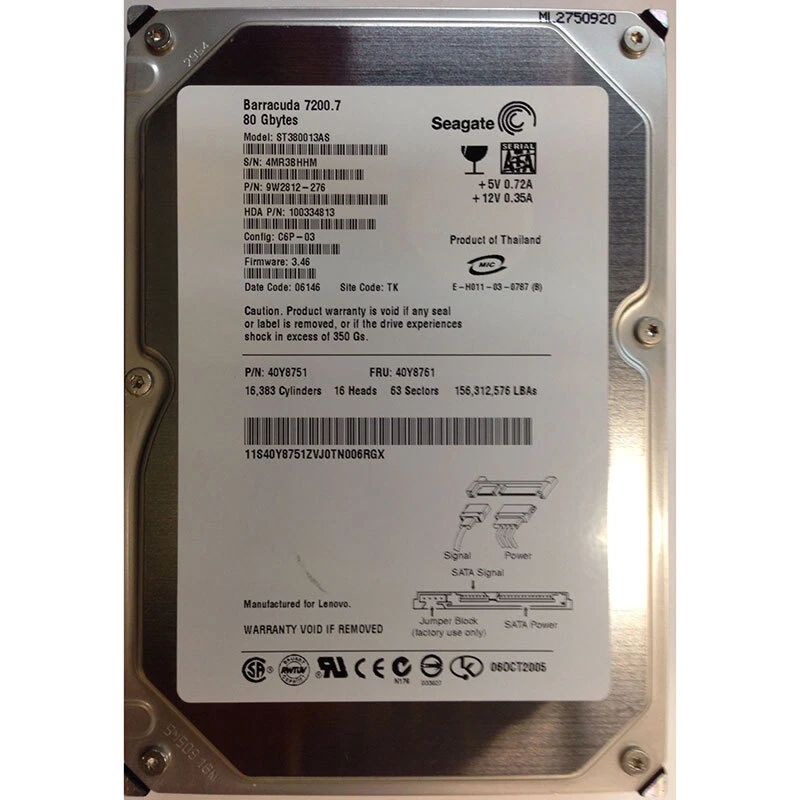 40Y8761 - IBM 80GB 7200 RPM SATA 3.5" HDD Seagate ST380013AS version - Image 1 of 1