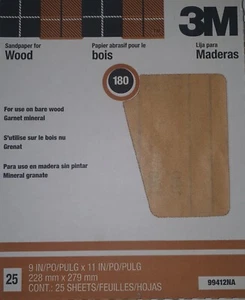3M 99412NA 180 Garnet Sandpaper for Wood 9" X 11" Qty 25 - Picture 1 of 2