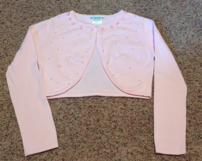 Bonnie Jean Girl's Size large Soft Pink Long Sleeved Shrug W/ Pearls & Flowers  - Image 1 of 2