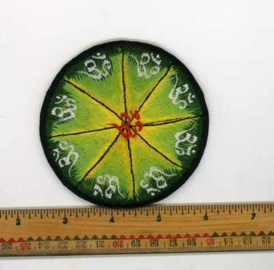 Hand Embroidered Yellow & Green Circle of Om's Patch Fair Trade Nepal 3" Round - Image 1 of 4