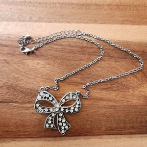 Vintage Rhinestone Bow Necklace Silvertone 19.5" Chain - Picture 1 of 6