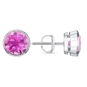 2.50 Ct Round Cut Pink Earrings Studs Solid Real 14K White Gold Screw Back Bezel - Picture 1 of 3