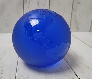 Cobalt Blue Glass Earth Etched Globe Paper Weight Solid 4" - Picture 1 of 7