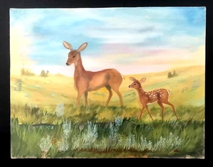 ORIGINAL 1953 SIGNIERT LEINWAND KUNST GEMÄLDE REH & REH LAND WIESE HIRSCH 18"x14" - Bild 1 von 22