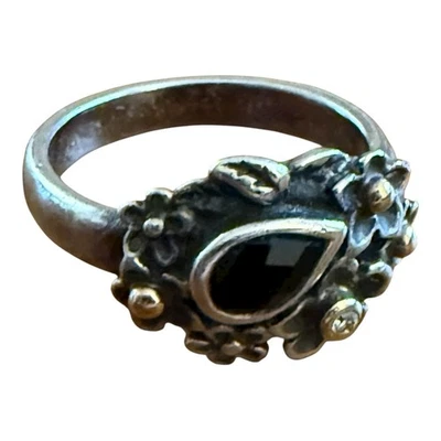 潘多拉戒指露花黑色玛瑙钻石尺寸 7 纯银 925 — 第 1/4 张图片