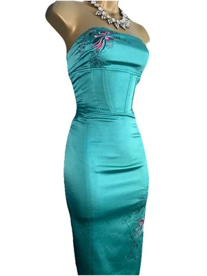 Karen Millen ❤️ GREEN Size UK 10 VINTAGE STRETCH SILK CORSET PENCIL DRESS - Image 1 of 4