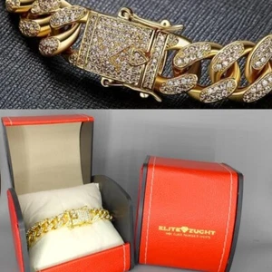 Herren 24K vergoldet 12mm Panzer Armband 200 Kristalle Geschenk Box EliteZucht - Bild 1 von 8