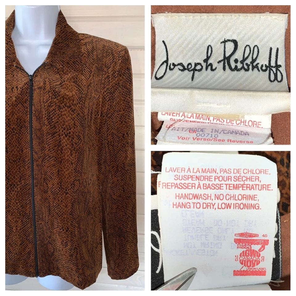 Vtg Joseph Ribkoff Sz 10 Brown Snake Print Velvet Jacket Full Zip Union Made EUC - Image 1 of 4
