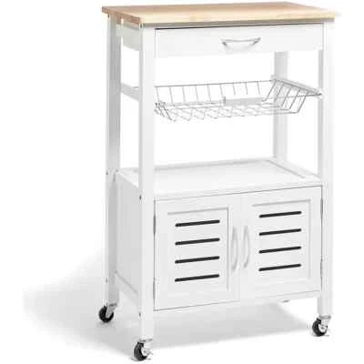 White Wood & Oak Top Kitchen Island Trolley on Wheels with Storage & Cabinet - Image 1 of 4