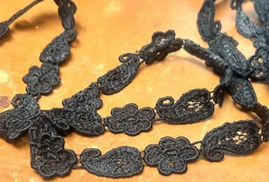 vintage rayon lace 3/4" paisley flowers trim black 1yd France - Picture 1 of 4