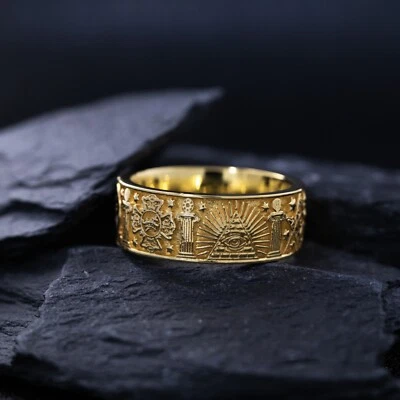 8mm Custom Made, Dome Shaped, Solid Yellow Gold Ring with Masonic Symbols - Image 1 of 4