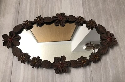 Pier 1 Metal Oval Wall Mirror Tray Flowers and Leaves Rustic/Primitive 10x18” - Image 1 of 4