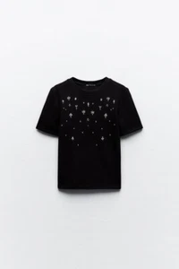 ZARA BLACK KNIT TOP WITH RHINESTONE DETAIL SHORT SLEEVES NWT SIZE S (10 UK) - Picture 1 of 5
