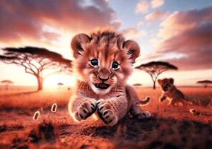 Cuddly Lion Cub on the Savannah - A4 Size Borderless Print - Picture 1 of 1