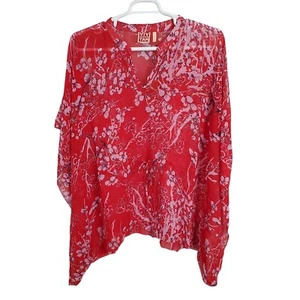 Vivienne Tam NWT Size 1X Blouse Semi Sheer Popover Cover-up Flutter Floral Red - Picture 1 of 12