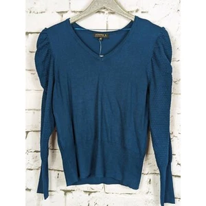 JOSEPH A. Ruched Puff Sleeve V-Neck Knit Top Teal Blue Classic Feminine MED NWT - Picture 1 of 7